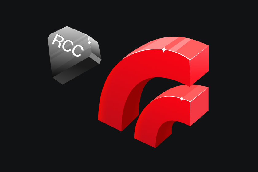 Vibrant red 3D logo with a silver RCC icon on a dark background.
