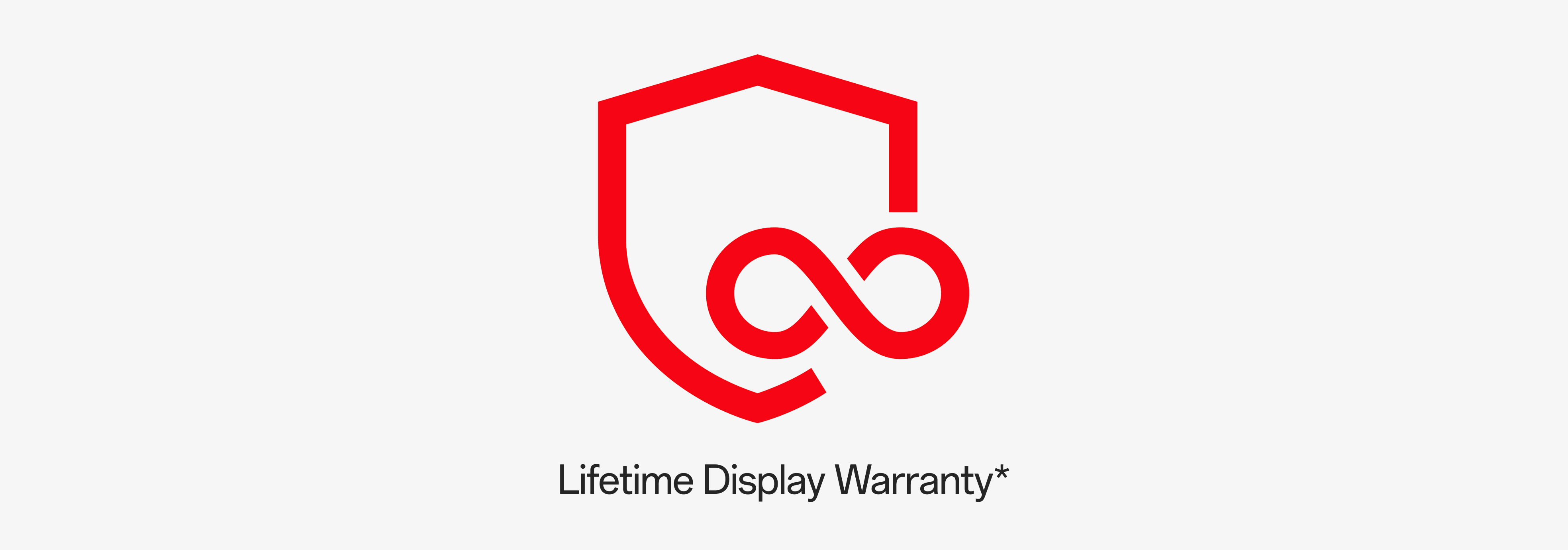 Red shield-shaped logo with infinity symbol, representing Lifetime Display Warranty.
