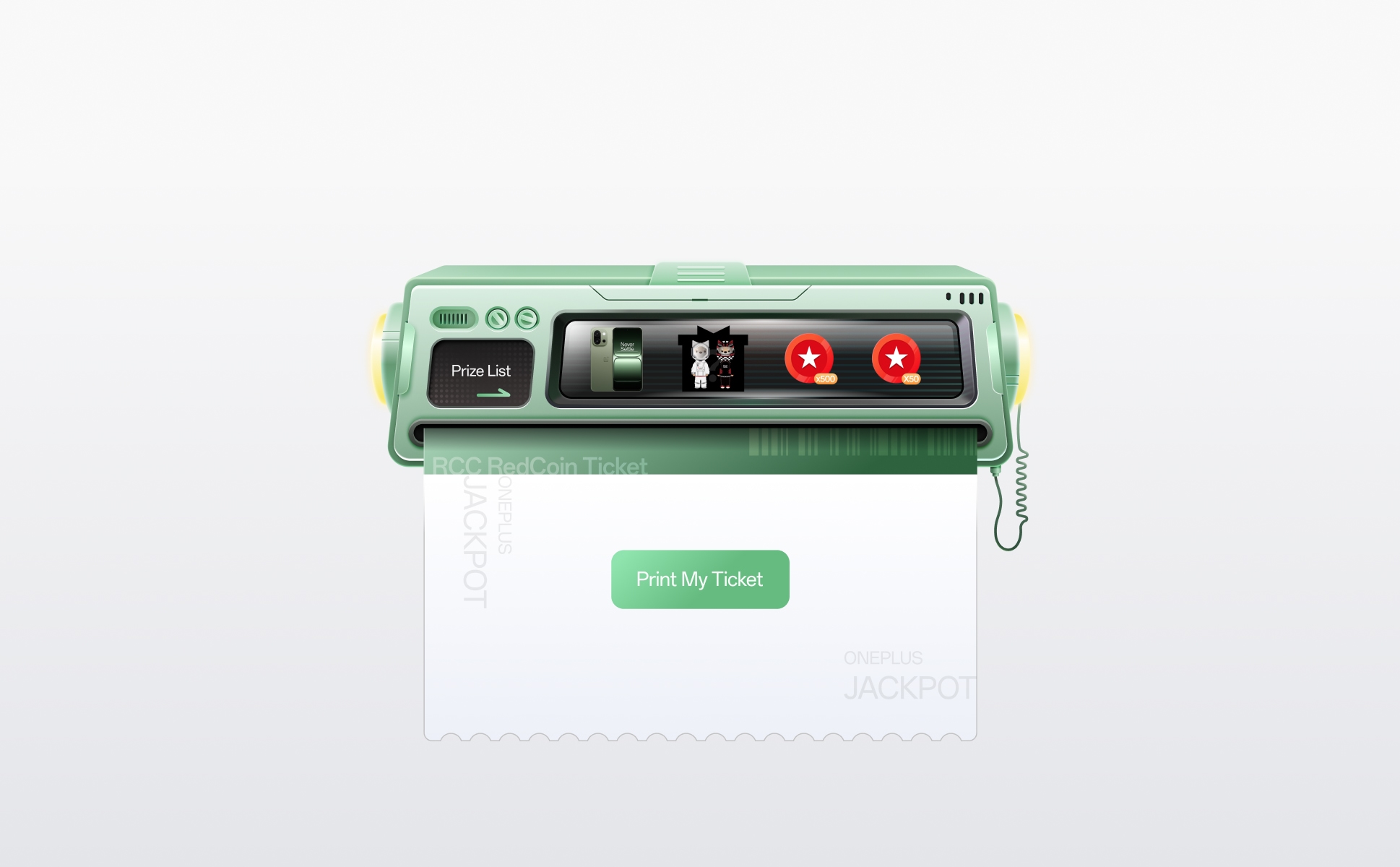 A mint-colored gaming console with a ticket dispenser and 'Print My Ticket' button.