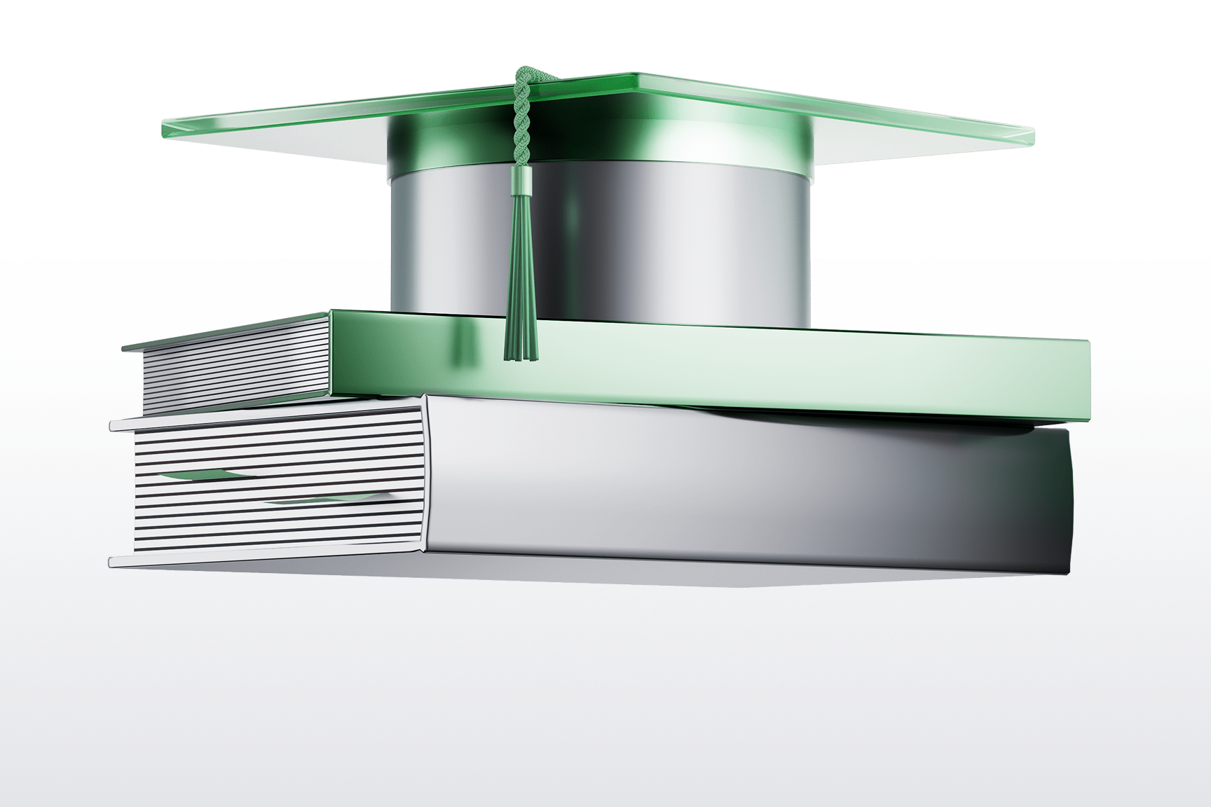 Graduation cap and books on a green and white platform.