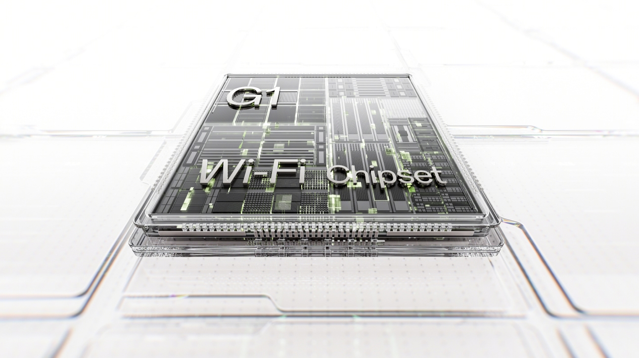 Monochrome transparent computer chip with text 'Ci Wi-Fi chipset'.