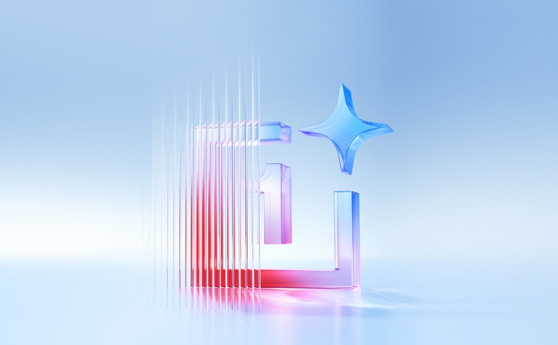 Colorful transparent geometric shapes float elegantly in light blue space.