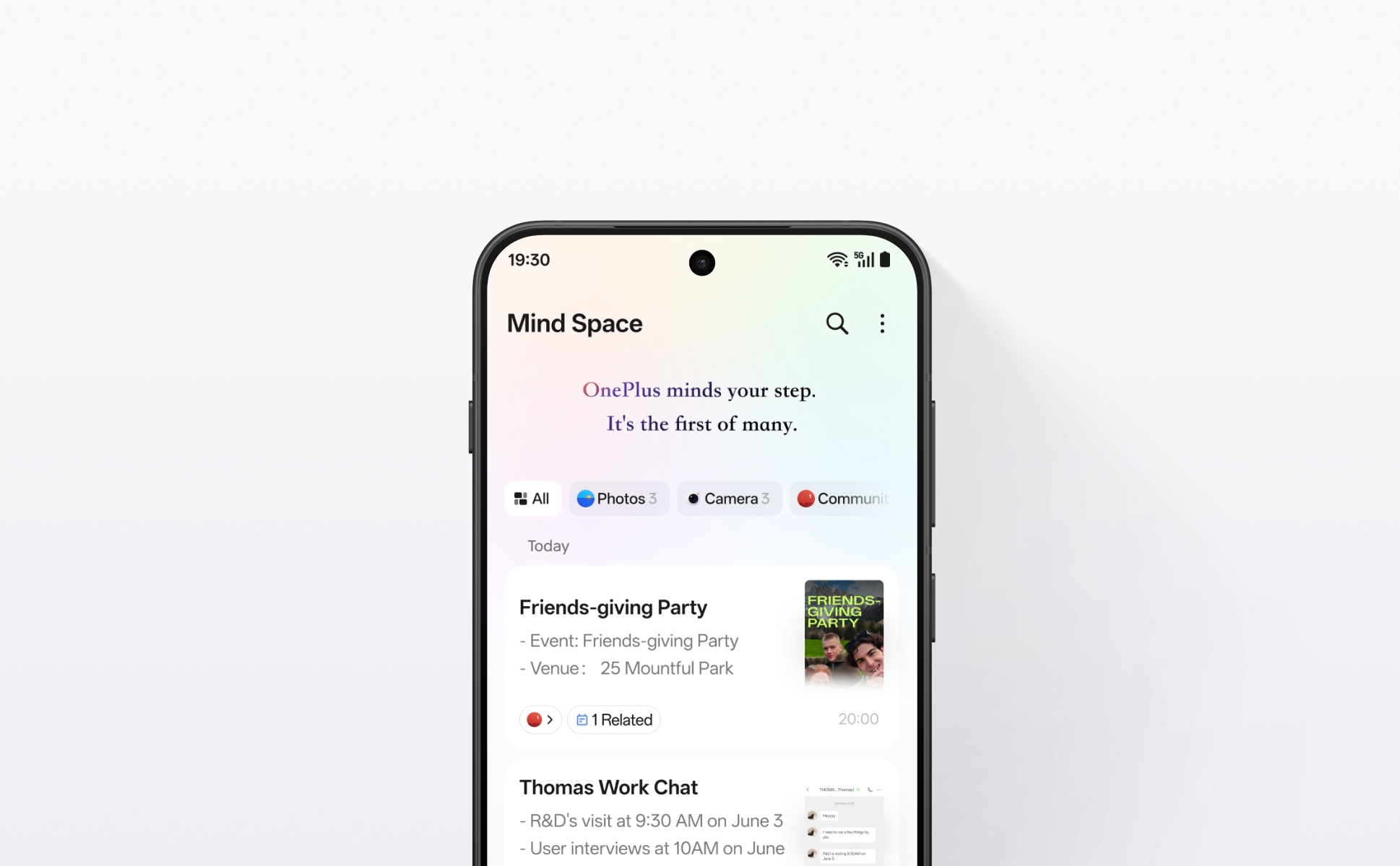 White OnePlus phone screen showing Mind space app interface with event details and user avatars.