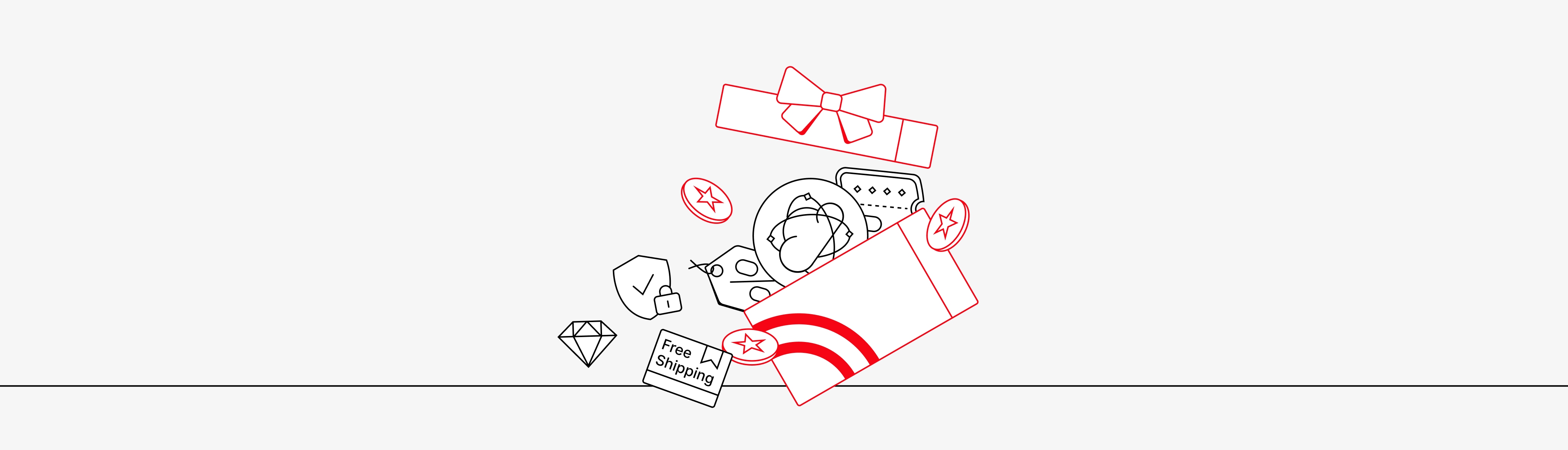 Assorted black and red geometric shapes and icons depicting various shopping and online purchase-related elements.