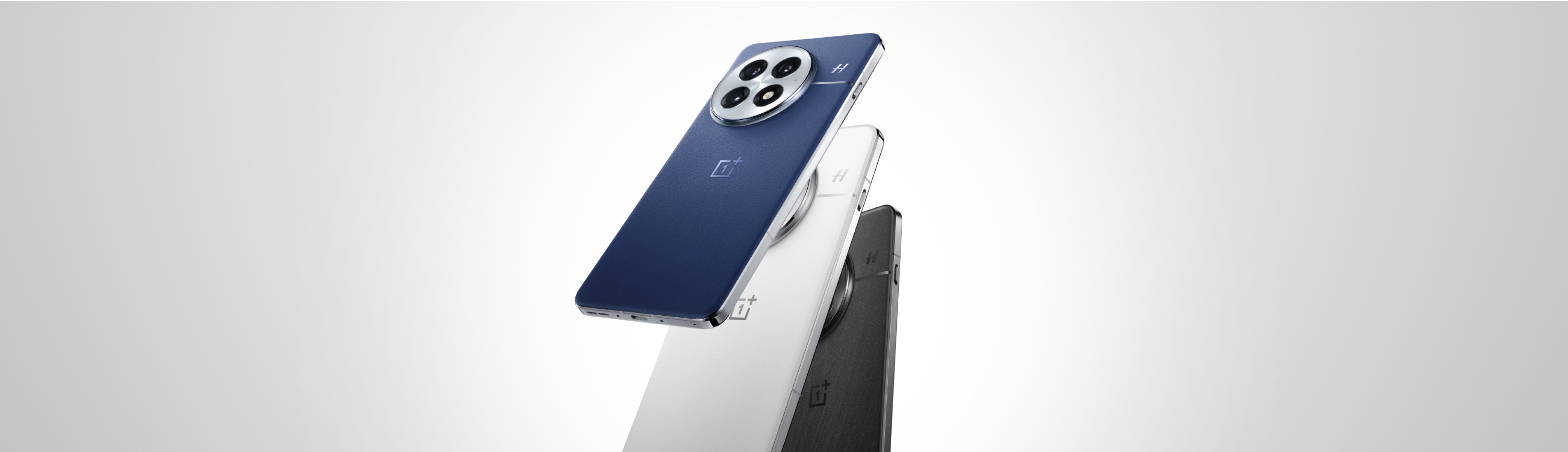 The image shows a sleek and modern smartphone in a navy blue color with four camera lenses on the back, giving it a unique and distinctive shape.