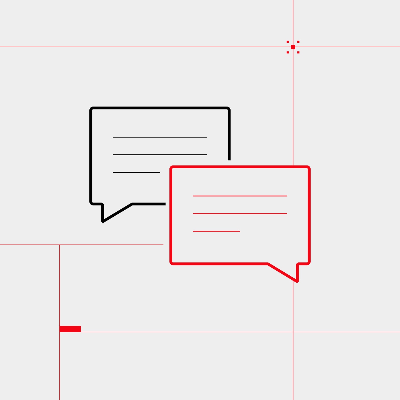Simple black and white graphic design with red accents featuring speech bubbles.