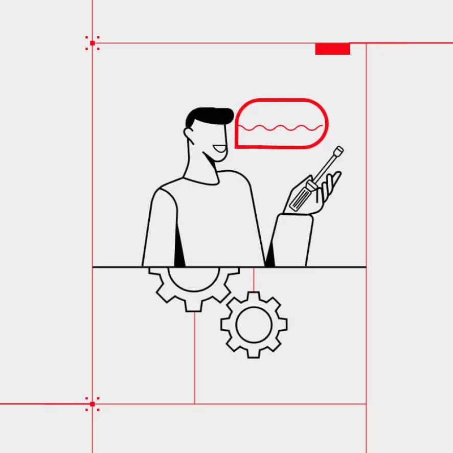 The image depicts a simple, minimalist line drawing of a person holding a tool or device, with geometric shapes and red accents, conveying a sense of technology, engineering, or problem-solving.
