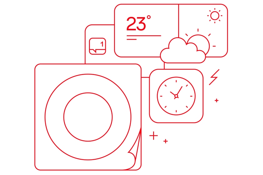 Minimalist red outline icons displaying temperature, time, weather symbols.