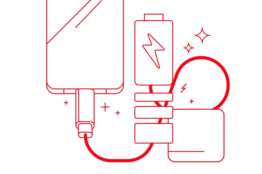 Minimalistic red and white icons depicting mobile device charging and battery power.