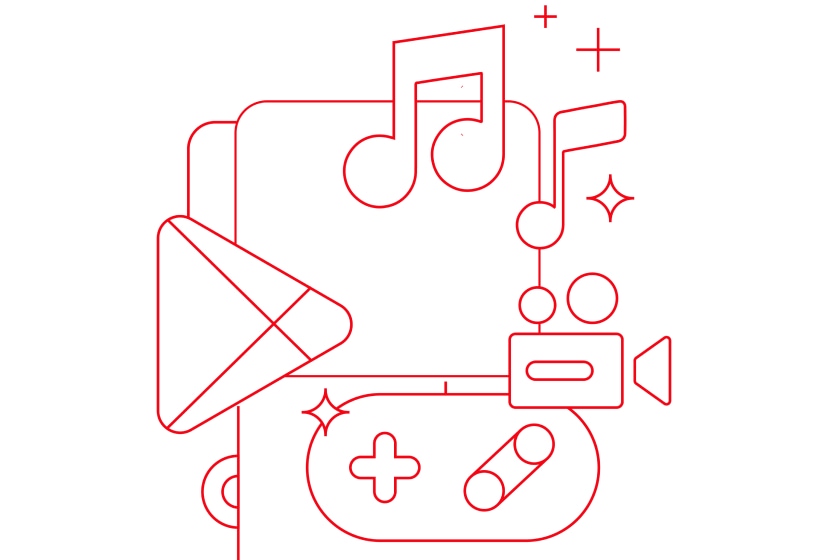 Bright red abstract icons representing entertainment media, including a music note, video camera, and gaming controller.