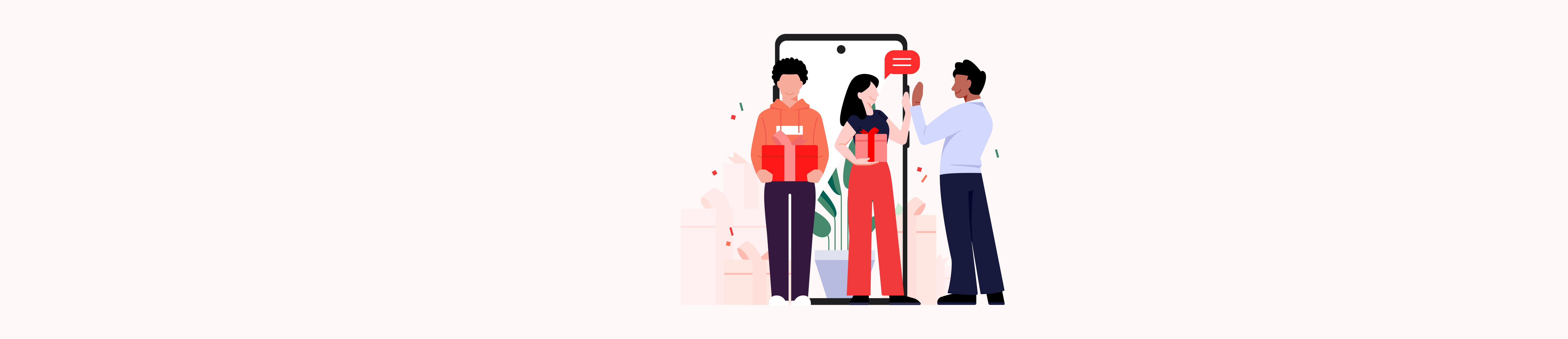 Three animated people discussing in front of a mobile phone.