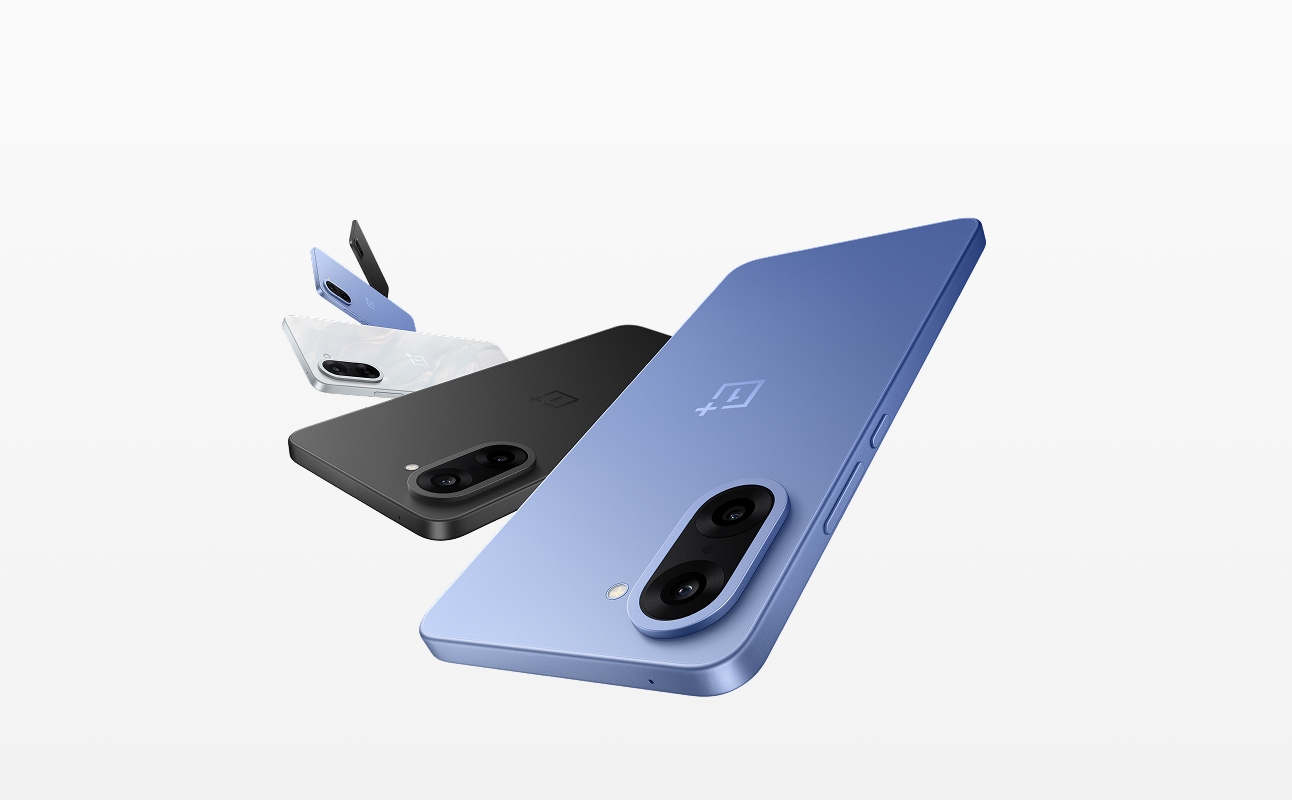 Three sleek and stylish OnePlus smartphones in various colors including blue, black, and white.