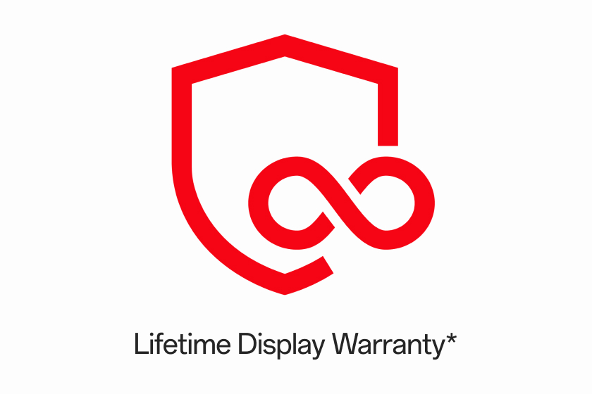 Geometric red shield icon with infinity symbol, representing Lifetime Display Warranty.