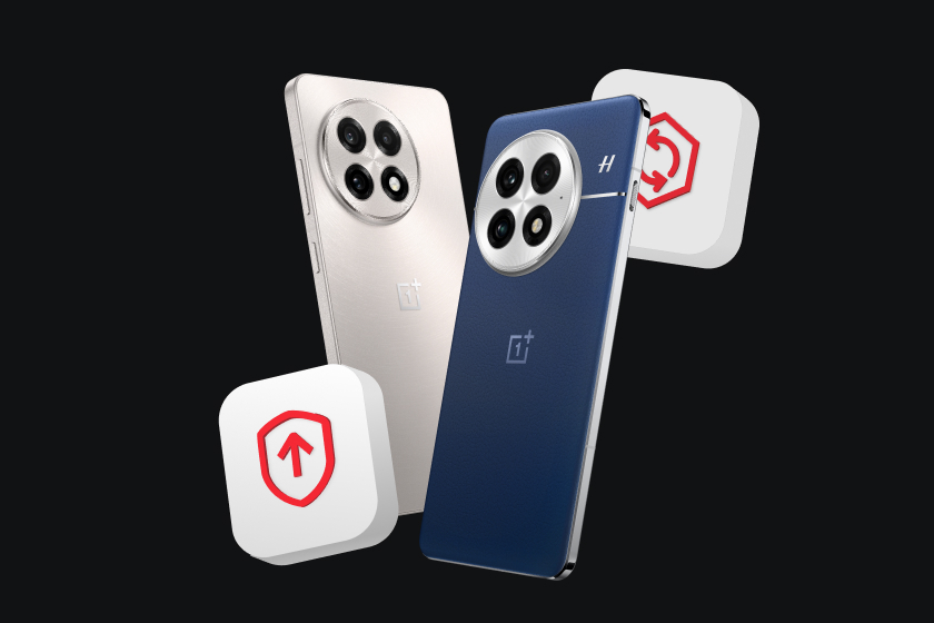 Three white and blue smartphones with distinctive camera modules on a dark background.