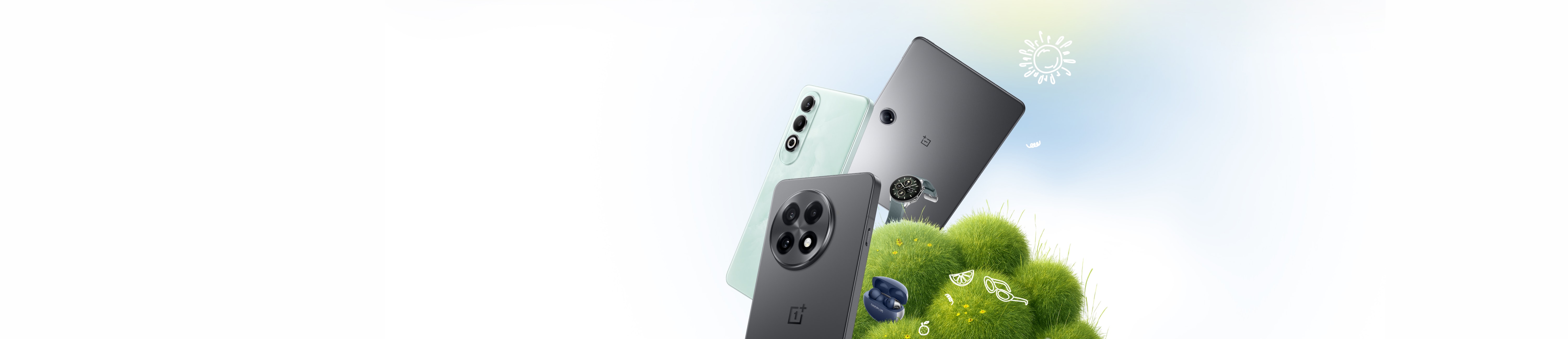 Diverse mobile phones in various colors and shapes with nature elements.