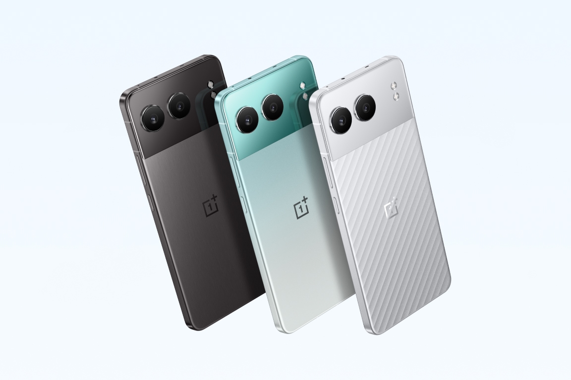 Three sleek and stylish OnePlus smartphones in black, mint green, and white colors.