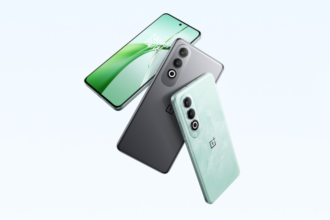Two new OnePlus mobile phones in mint green and gray colors.