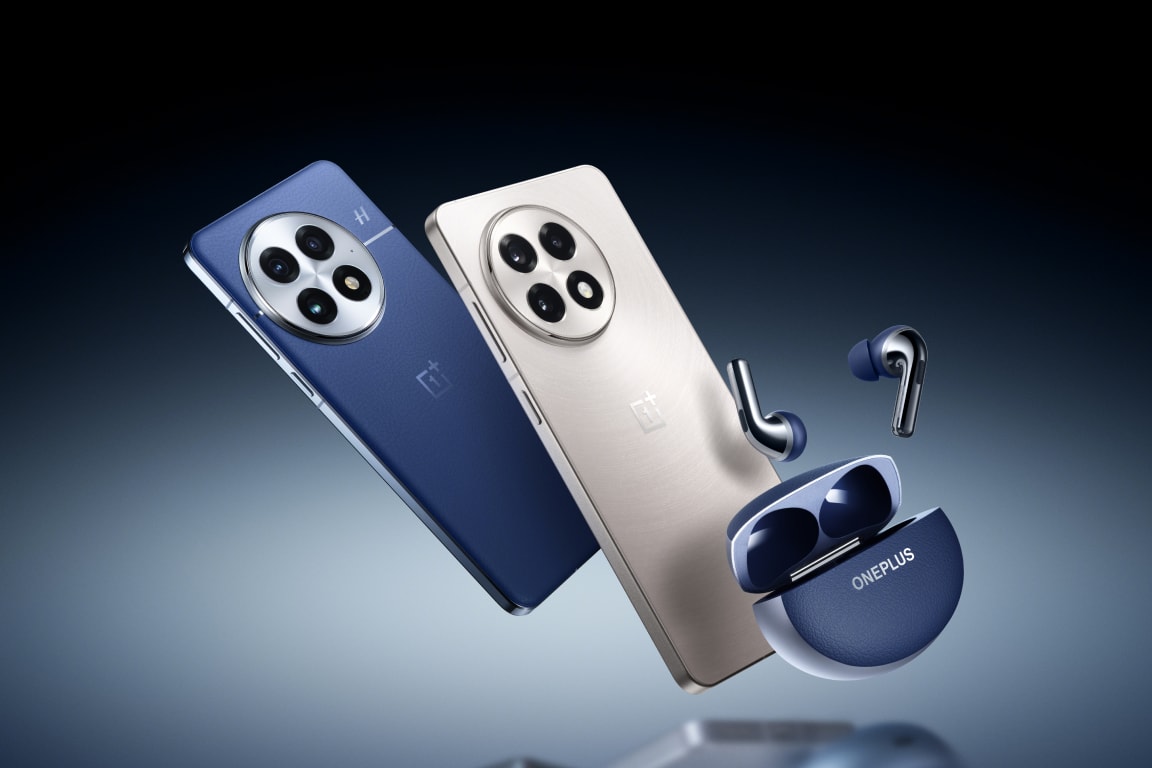 Sleek blue and white smartphones, earbuds, and wireless charging case from OnePlus.